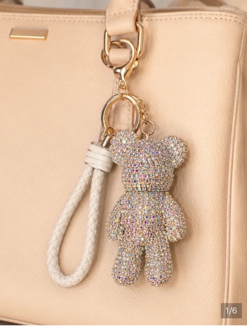 Natasha Couture Crystal Bear Bag Charm - Silver Iridescent Keychain New